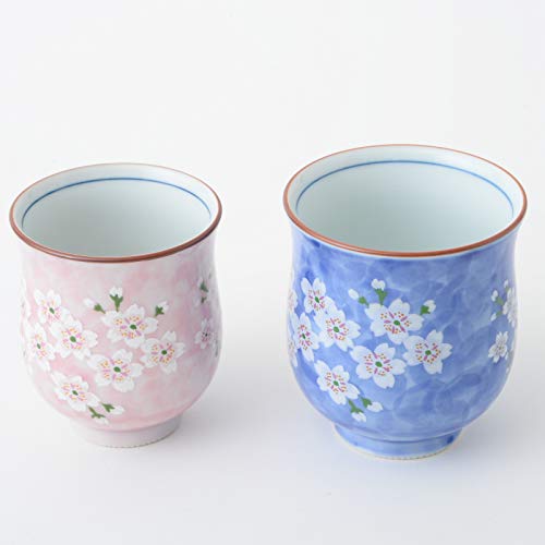 [Juego de 2 tazas] japonés Yoshida-yaki taza de té Yunomi de porcelana, taza estilo restaurante, diseño de flores para parejas, fabricado en Japón, rosa y azul 999992477