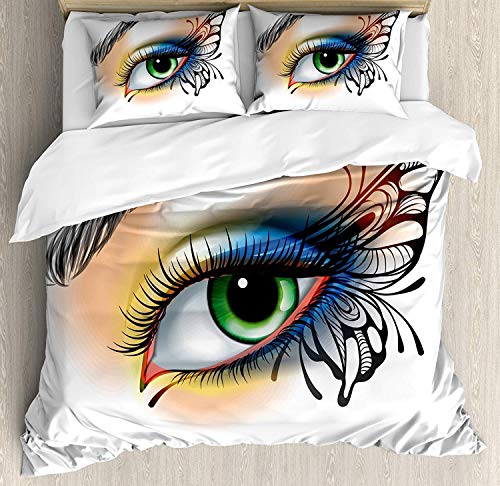 Juego de funda nórdica de 3 piezas Juego de maquillaje de ojos de mujer de fantasía Alas de mariposa Pestañas de colores vibrantes Juego de cama de microfibra de aspecto femenino, lujo (1 funda nórdic