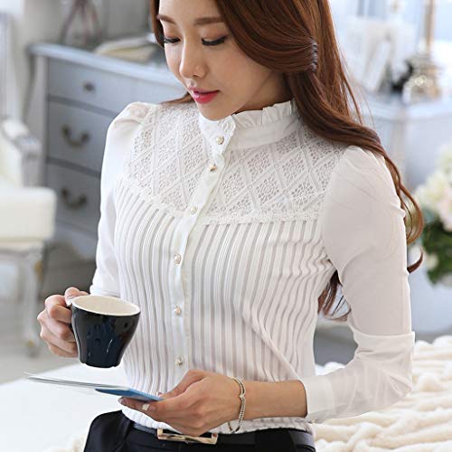 JUTOO 2019 Ropa de Mujer Camisa Abotonada de Gasa Plisada con Cuello Vintage de Manga Larga Blusa de Encaje de Manga Larga S-XXXXL