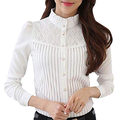 JUTOO 2019 Ropa de Mujer Camisa Abotonada de Gasa Plisada con Cuello Vintage de Manga Larga Blusa de Encaje de Manga Larga S-XXXXL