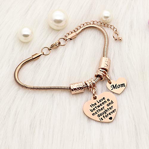 KENYG The Love Between Mother And Daughter is Forever chapado en oro rosa con forma de corazón, pulsera con colgante de letra, para el día de la madre, Navidad, cumpleaños, joyas