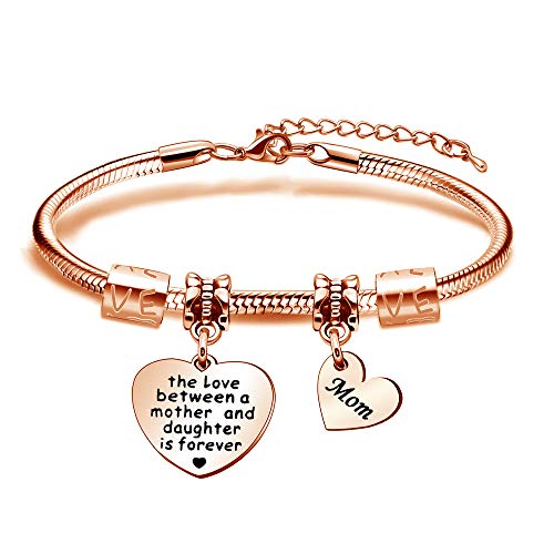 KENYG The Love Between Mother And Daughter is Forever chapado en oro rosa con forma de corazón, pulsera con colgante de letra, para el día de la madre, Navidad, cumpleaños, joyas