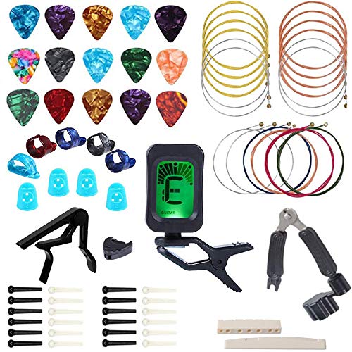 Kit de Accesorios de Guitarra,Incluye Afinador de Guitarra,Púas Para Guitarra,Capo,Cuerdas para Guitarra Acústica,Pasadores de Puente,Protector de Dedos Guitarra(72Pcs)