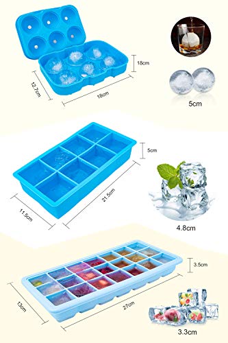 KLAS REMO Cubiteras Hielo Bandejas para Hielo,Set de 3 Moldes para Hielo con Tapas Bandejas de Silicona 35 Cubos Hielos para Bebidas/Whisky/Cócteles/Coca-Cola/Sopa Fría, Azul