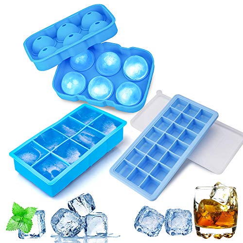 KLAS REMO Cubiteras Hielo Bandejas para Hielo,Set de 3 Moldes para Hielo con Tapas Bandejas de Silicona 35 Cubos Hielos para Bebidas/Whisky/Cócteles/Coca-Cola/Sopa Fría, Azul