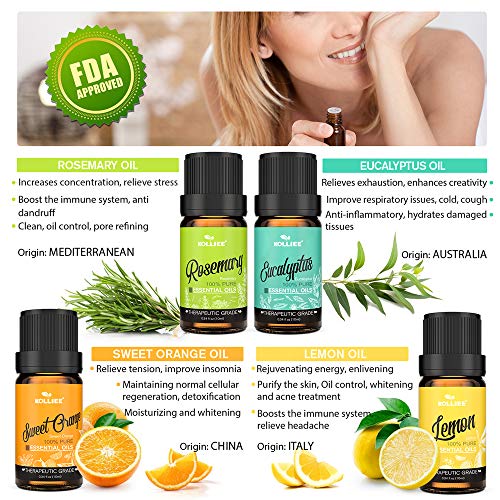 KOLLIEE Aromaterapia Aceites Esenciales Naturales Puros Organicos Aceites Esenciales Set Bio Para Humidificador Difusor Lavanda, Menta, Limón, Naranja Dulce, Jazmín, Orquídea, Romero, Eucalipto