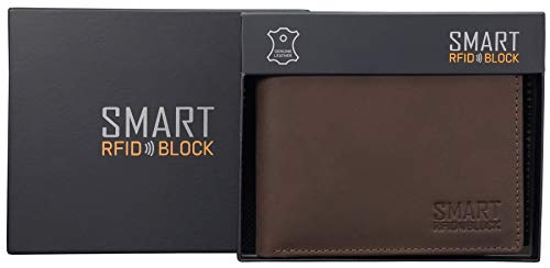 Koruma Cartera para Hombre - Monedero con Bloqueo de RFID Cuero para Tarjetas y Bolsillo Frontal con Botón para Monedas - Marrón, Negro (Marrón - sin Cierre de botón)