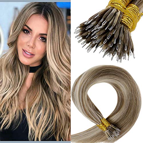 LaaVoo 20pulgada/50cm Secret Extensiones de Micro Anillo Invisible Nano Stick Tips Cabello 100% Humano Brasileno Natural Smooth Straight (Marron Claro Highlighted Rubia Platino #P8/60, 50Gramo)