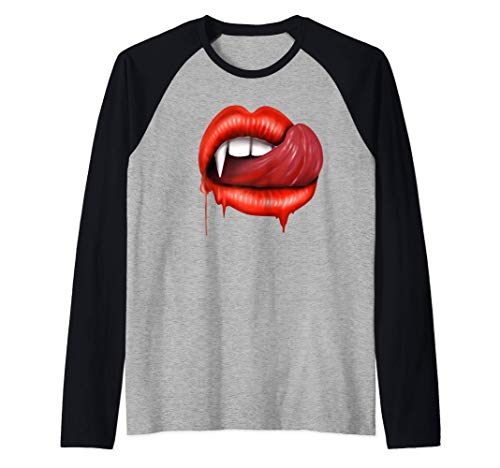 Labios sexys Colmillos de sangre Vampiro Halloween de horror Camiseta Manga Raglan