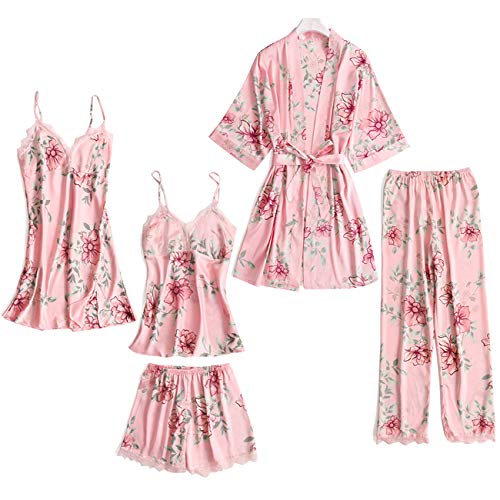 Lachi Pijama Set Ropa de Dormir Pijamas de Seda Satén Ropa de Dormir Tintura de Encaje Floral Noches 5pcs Albornoz Bata Camisón con Almohadilla de Pecho