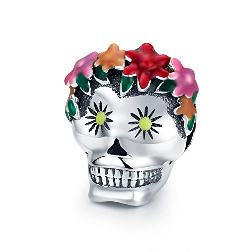 LaMenars - Abalorio de plata de ley 925 con diseño de calavera de flores, compatible con pulseras y collares europeos