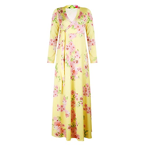 Landove Vestido de la playa del verano floral de Boho V-Cuello del partido de tarde para Amarillo S