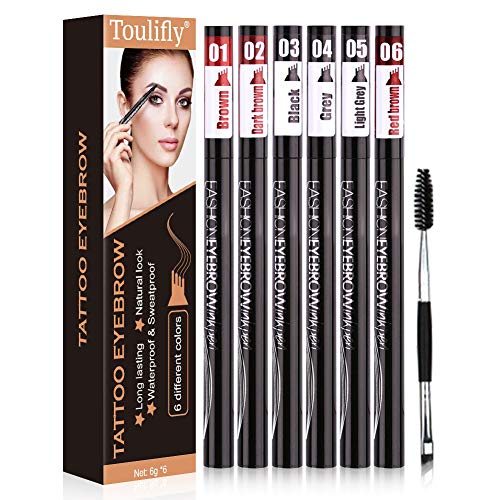 Lapiz Cejas, Gel De Cejas,Crema de Cejas, Tattoo Eyebrow Pen con cuatro puntas duraderas, de Larga Duración de 24 horas para Maquillaje de Cejas Resistente al Agua, 6 Colores