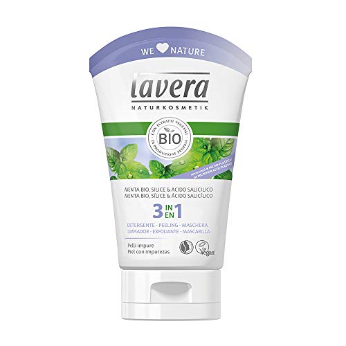 Lavera Gel 3 en 1 Limpiador, Exfoliante y Mascarilla - Menta bio & sílice & ácido salicílico - vegano - biológico - cosméticos naturales 100% certificados - 4 Recipientes de 125 ml