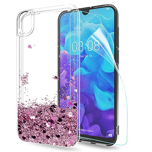 LeYi Funda Huawei Y5 2019 Silicona Purpurina Carcasa con HD Protectores de Pantalla Transparente Cristal Bumper Telefono Gel TPU Fundas Case Carcasas para Movil Huawei Y5 2019 ZX Oro Rosa