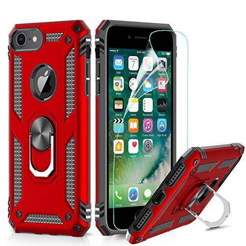 LeYi Funda iPhone 6 / 6S / 7/8 Armor Carcasa con 360 Anillo iman Soporte Hard PC y Silicona TPU Bumper antigolpes Fundas Carcasas Case para movil iPhone 7/8 con HD Protector de Pantalla, color Rojo