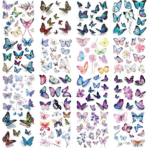 Lezed 3D Mariposas Tatuajes Temporales, Tatuajes Mariposas Impermeable Tatuajes Adhesivos de Mariposas para Niños Fiestas Infantiles cumpleaños de niños Regalo Mariposa 16 Hojas