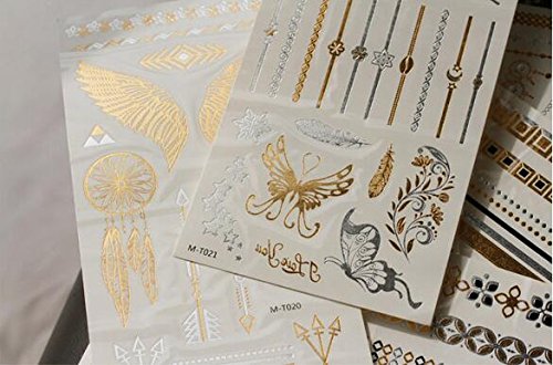 lezed 6 hojas 70 patrones metal oro pantalla caliente Silberne tatuaje adhesivo resistente al agua Tattoo Flash Tatuajes temporales dorada Pegatinas, pulsera/Soporte Cadena/dedos adhesivo/atrapasueños