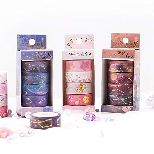 Lezed Cinta adhesiva decorativa Washi Tape para scrapbooking DIY Manualidades Diseño de Cielo Estrellado y Flores de Cerezo Cinta de Papel Washi para Revistas, planificadores, tarjetas 4pcs (Marrón)