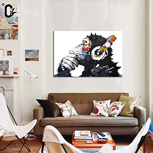 Lienzo Imprimir Gorila Escuchando Musica Animales Pintura Hogar Dormitorio Pared Decor Pintura Moderno Chorro De Tinta Arte Lindo Decoración Pintura,Noframe,80x100cm