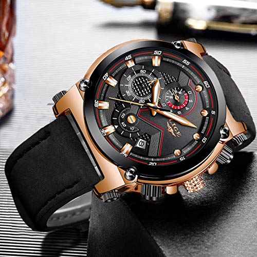 LIGE Hombre Relojes Moda Oro Reloj Hombres Negocios Clásico Negro Cuero Automática Fecha Relojes