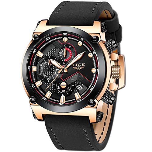 LIGE Hombre Relojes Moda Oro Reloj Hombres Negocios Clásico Negro Cuero Automática Fecha Relojes