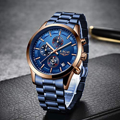 LIGE Relojes Hombre Masculino Acero Inoxidable Impermeable Analógico de Cuarzo Hombres Reloj Cronógrafo Todo Azul Relojes Hombre Caballeros Vestir