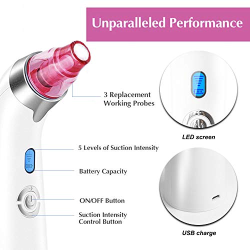 Limpiador de Poros Facial Removedor de Espinillas Eléctrico Con Indicador LED Succionador de Puntos Negros, Por USB, Con 5 Potencia de Succión Ajustable y 4 Sondas de Repuesto