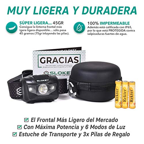 Linterna Frontal LED Slokey - 135 Lúmenes, hasta 25 Horas de Iluminación Continua, Luz Blanca Potente + Luz Roja, Compacta, Ligera, Ideal para Camping, Running, Caza, Pesca y Ciclismo. Pilas Incluidas