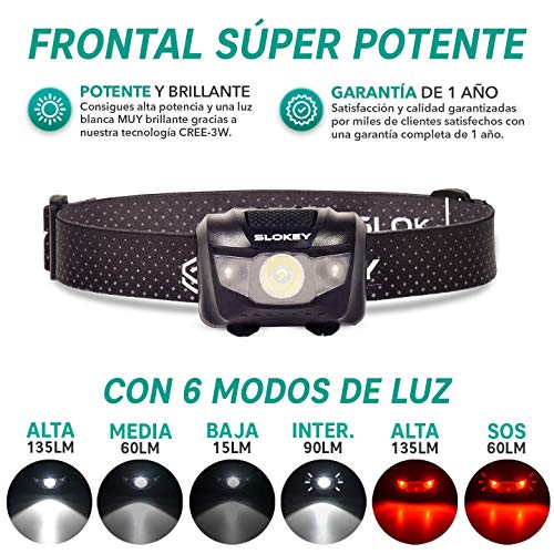 Linterna Frontal LED Slokey - 135 Lúmenes, hasta 25 Horas de Iluminación Continua, Luz Blanca Potente + Luz Roja, Compacta, Ligera, Ideal para Camping, Running, Caza, Pesca y Ciclismo. Pilas Incluidas