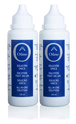 Líquido de lentillas Oûne 2 x 100 ml más portalentes. Solución para limpieza y desinfección de todo tipo de lentes de contacto blandas. Formato viaje.