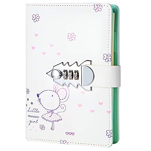 Lirener Recargable Cuaderno de Cuero PU Notebook Planificador Diario Organizador con Cerradura de Combinación, Bloc de Notas Contraseña Cuaderno con Coded Lock, 185x135mm, Patrón de ratón