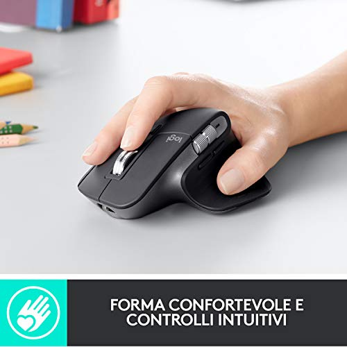 Logitech MX Master 3 Ratón Inalámbrico, Receptor USB, Bluetooth/2.4GHz, Desplazamiento Rápido, Seguimiento 4000 DPI en Cualquier Superficie, 7 Botones, Recargable,PC/Mac/Portátil/iPadOS,Gris oscuro