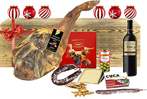 Lotes, Cestas y Regalos, Cesta de Navidad con Jamón Lote Gourmet con Paleta Serrana, Chorizo, Queso, Sardinas, Aceitunas, Fuet, Vino, Bombones y Picos de Pan.