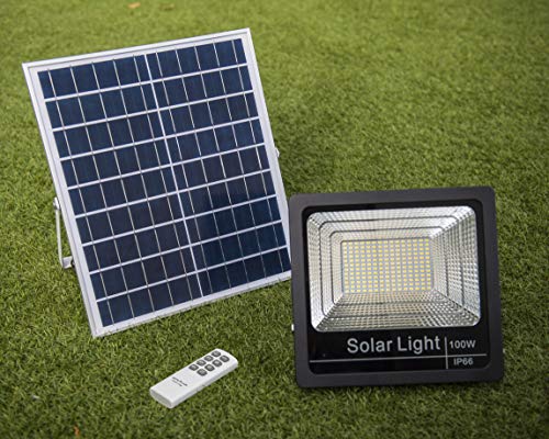 Luz Solar Exterior Mando a Distancia 100W, Foco Solar LED Luz Blanco Neutro 4000K, Lámpara Solar 180 LEDS, Iluminación Solar Hasta 15 HORAS de Luz 5000 LM