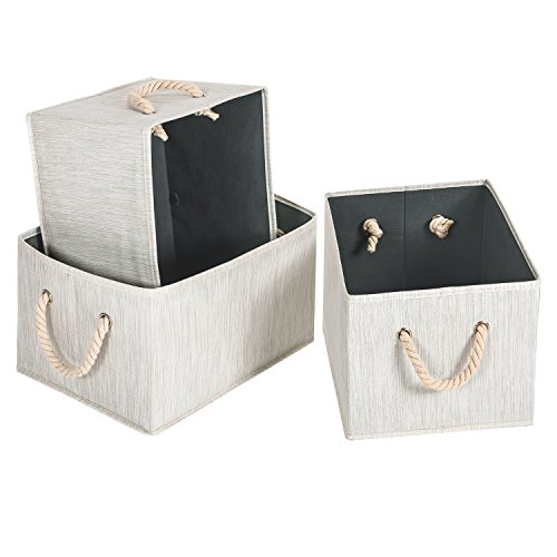 MaidMAX Cajas de Almacenaje Decorativas, Cestas de Almacenaje con Manillas de Cuerda, Set de 3 Cajas de Almacenaje de Ropa, Juguetes, Beige, 36,5 x 25,4 x 21,4 cm