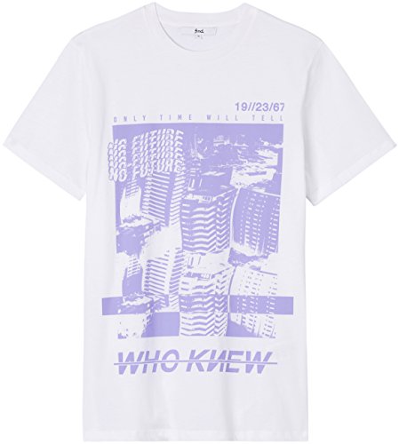Marca Amazon - find. Camiseta con Estampado para Hombre, Blanco (White), M, Label: M