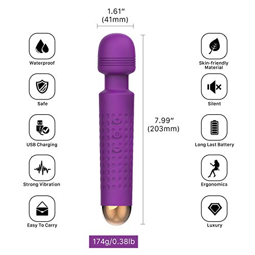 Masajeador de varita eléctrica inalámbrica, Melo Potente vibrante eléctrico de mano Varita de masaje mágico con 25 modos, Inalámbrico Impermeable Recargable Mujer Pareja Alivio del estrés (púrpura)