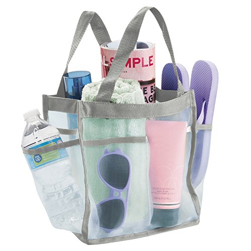 mDesign Bolso multiusos resistente al agua – Ideal bolsa viaje para la ducha – Perfecta bolsa playa, neceser o para las cosas del jardín – 6 bolsillos – Menta/gris