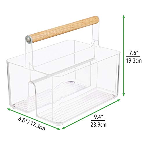 mDesign Caja organizadora para Cuarto de baño – Práctica Cesta con asa de Madera para el Almacenamiento de cosméticos – Organizador de baño portátil con 2 Compartimentos – Transparente/Natural