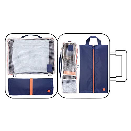 mDesign Neceser de Viaje para Colgar – Bolsa de Aseo Colgante en poliéster y plástico – Organizador de baño para Viaje con Cierre de Cremallera y Muchos Bolsillos – Azul Marino/Naranja/Blanco