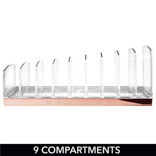 mDesign Organizador de maquillaje en plástico – Clasificador con 9 compartimentos para organizar maquillaje – Bandeja organizadora para lavabo, tocador o armario – transparente/dorado rojizo