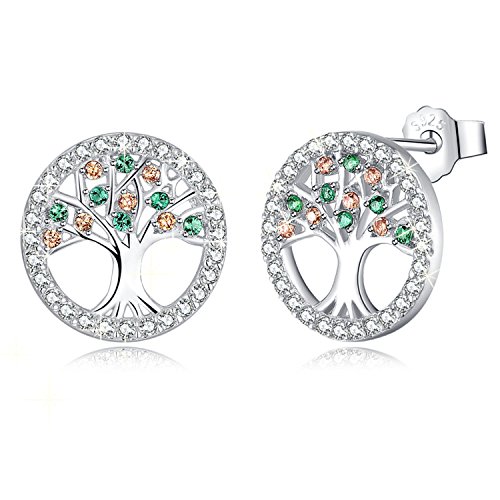 MEGA CREATIVE JEWELRY Pendientes Mujer Amor de la Familia de Árbol de la Vida Cristales Swarovski Pendientes de la Moda 925 Plata Esterlina, Regalo de la Joyería (Plata-Tree)