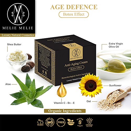 MelieMelie - Crema antienvejecimiento efecto botox, 50 ml, crema hidratante facial, crema reafirmante para cara y cuello con ingredientes activos biotecnológicos