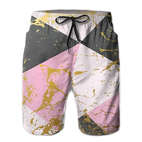 Men's Swim Trunks Marble Design with Golden Geometric Black Rose Gold Surfing Beach Board Shorts Swimwear M