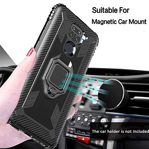 Milomdoi [Funda y 2 Unidades] Carcasa para Xiaomi Redmi Note 9 Funda con Protectores Pantalla Cristal Templado HD, Carcasa con 360 Grados Anillo iman Soporte y Silicona TPU Anti Caída Case-Negro