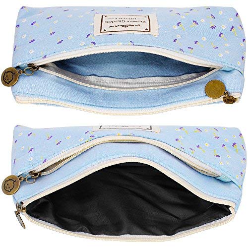 MINGZE 4 piezas Lienzo Estuches para lápices, Caja de lápiz, Pastoral Fresh Néctar floral Estuche para lápices con cremallera Estuche cosmético escolares Niños, azul oscuro, azul claro, rosa, beige