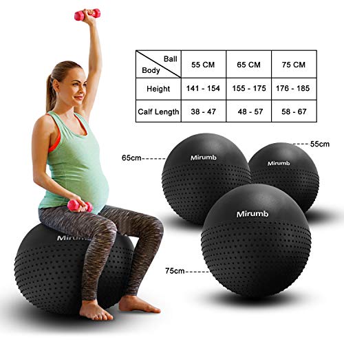 Mirumb - Pelota de gimnasia antiroturas, 75 cm, 65 cm, 55 cm, con bomba, para yoga, embarazo, oficina, silla de equilibrio, fitness, color negro