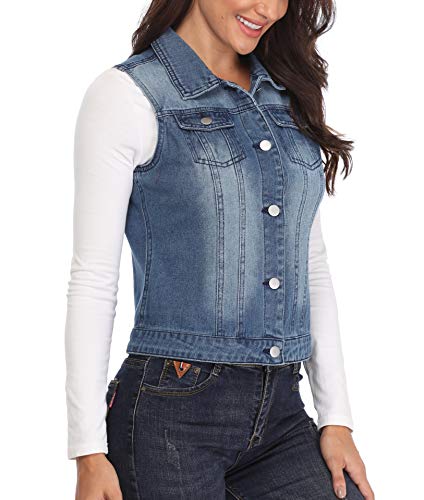 MISS MOLY Chaleco de Mezclilla para Mujer Chaqueta Jean Azul con Solapa Bolsillos en el Pecho Elegante Collar de Vuelta Moda - L