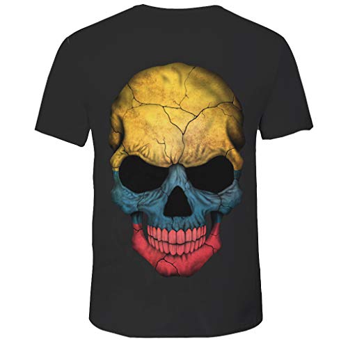 Mitlfuny Camiseta de Manga Corta para Hombre Verano Adolescente Cuello Redondo Negro Tops 3D Calavera Estampado Deportes Pullover tee Casual Moda Slim Algodón Camisa